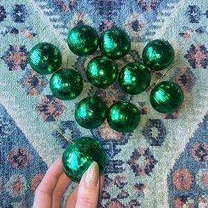 vintage Christmas tree ornaments set of 11 green gold foil balls holiday